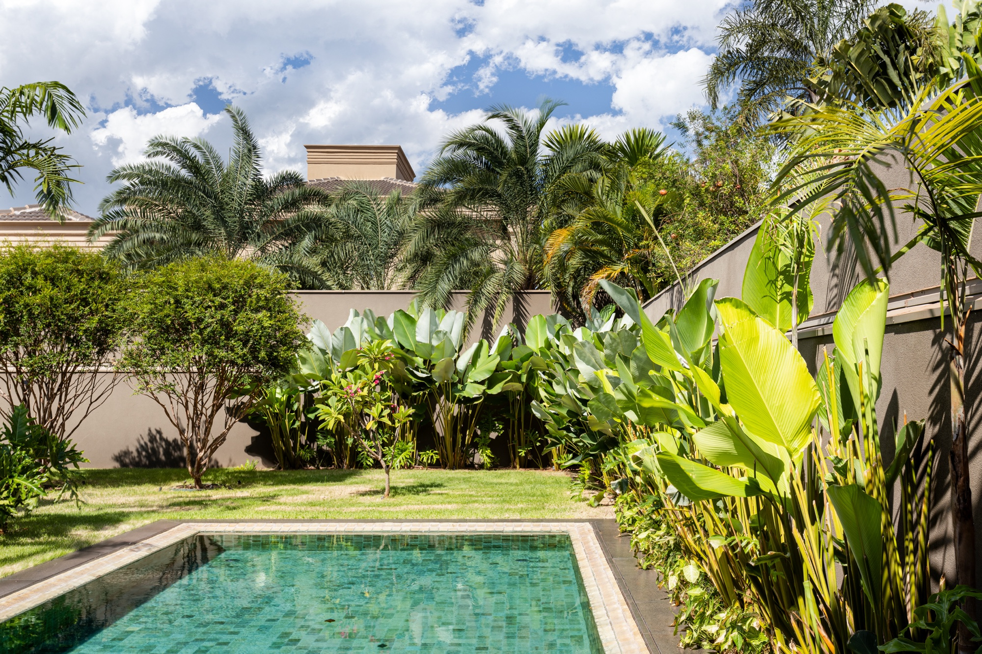 Piscina retangular de água esverdeada cercada por maciço de folhagens tropicais e palmeiras, sob céu de nuvens.